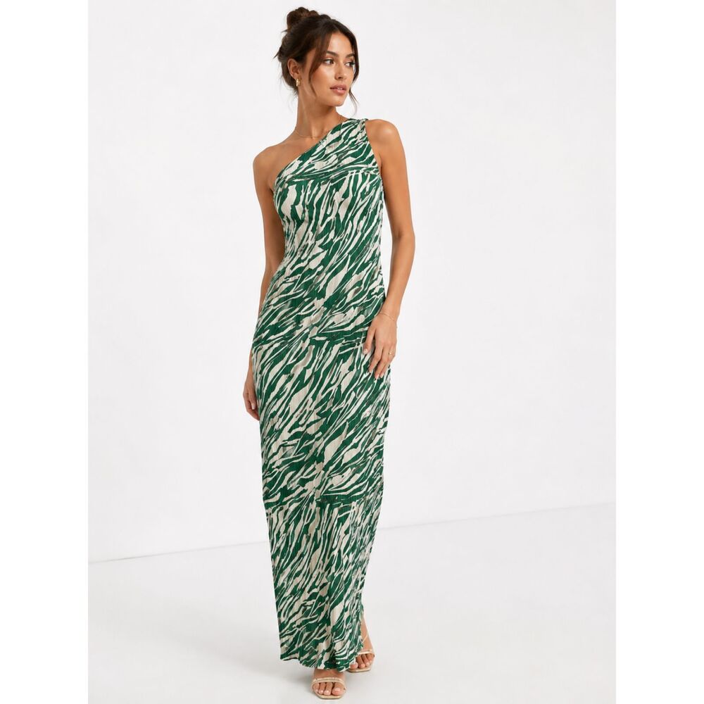 ASOS Plisse Zebra Print One Shoulder Maxi Dress Green Pleated Stretch 12 NEW